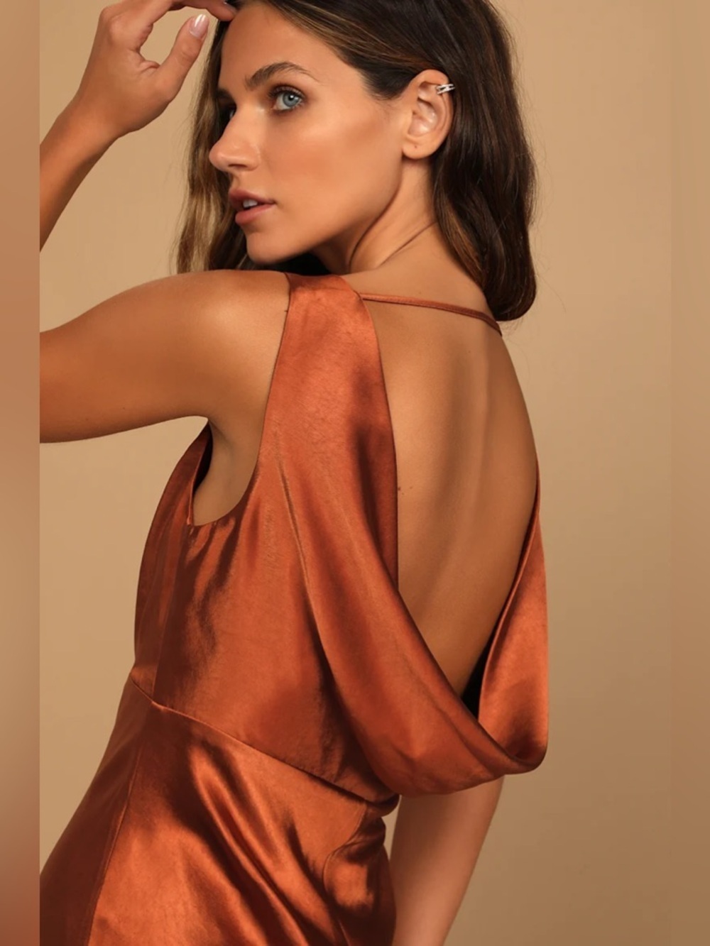 Lulus Incredible Love Brown Satin Cowl Back Midi Slip Dress - Picture 2 of 13